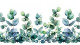 Fototapeta  - The watercolor hand painted, green floral card with eucalyptus leaves and branches is isolated on a white background and can be used for cards, wedding invitations, posters, save the dates, or