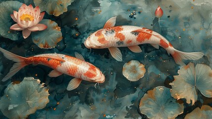 Wall Mural - Illustration of a koi carp and lotus flower painted in watercolor.