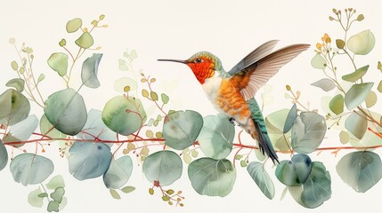 Wall Mural - Isolated floral illustration with eucalyptus leaves and a hummingbird in watercolor.