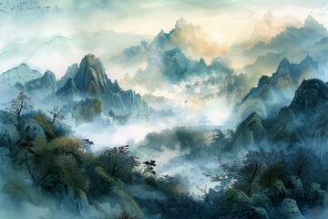 Wall Mural - A mountain range with a misty, cloudy sky