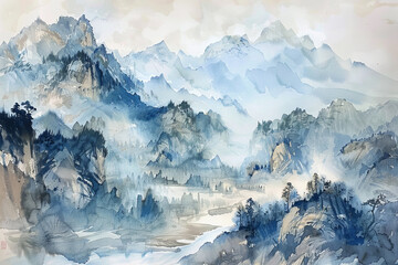 Wall Mural - A painting of mountains and a river with a blue sky in the background