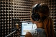 Woman in soundproof room prepares material for voice recording focusing on professional vocal delivery for dubbing or voiceover work. Concept Voiceover Preparation, Soundproof Studio