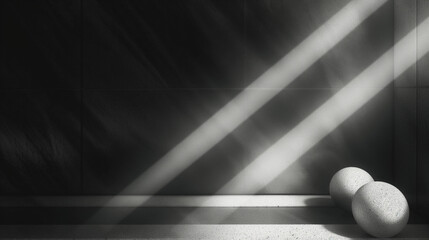 A black and white photo of two balls sitting on a table with a dark background