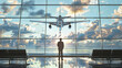 Businessman at airport with airplane soaring in the sky.