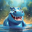 3d illustration of a happy blue hippopotamus smiling while swimming in water