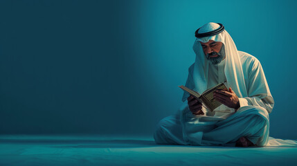 A Muslim who reads the Holy Book, observing Muslim traditions. The concept of Muslim traditions. Ramadan, Eid al-Fitr (Uraza-Bayram), and Eid al-Adha, a place for text on a blue background