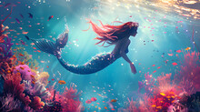 Illustration Of Mermaid Underwater. Fairy Tale Concept.