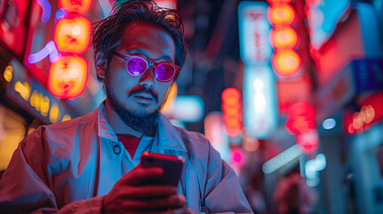 Wall Mural - Man using smartphone at night with colorful neon lights reflecting on glasses in urban setting.