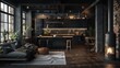 A luxurious loft-style studio apartment, presenting a dark-themed free layout with a chic kitchen island, a cozy bedroom with a fireplace, and a personal fitness area