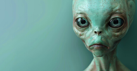 A green alien with big eyes and a frowning face. The alien is looking at the camera. Portrait of funny 3d realistic humanoid alien face isolated on flat color background with copy space for text