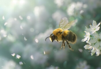 Wall Mural - A closeup shot of a bee flying towards white flowers, creating a soft and dreamy atmosphere with shallow depth of field Generative AI