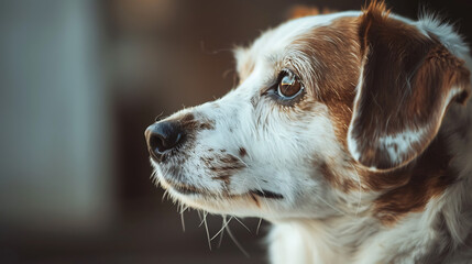 Wall Mural - This image features a close-up of a dog with white fur and brown patches, focusing intently on something to its left