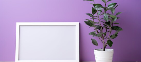 Wall Mural - A magenta flowerpot with a houseplant on a rectangular table in front of a purple wall, adding a touch of violet to the interior design with a twig accent