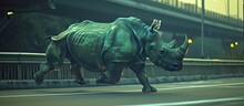 A Holographic Javan Rhinoceros Gallops On A Highway, Symbolizing Conservation Urgency. Majestic Form Against Urban Backdrop Reflects Wildlife's Plight And Need For Protection. 🦏🌆