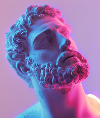 Canvas Print - Ancient Greek sculpture of a man with neon purple light