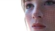 A woman's face with a grid of grids applied on top of it. Concept of cosmetic procedures. Digital facial identification system. Biometric verification. Polygonal mesh facial recognition technology.