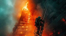 A Firefighter Ascends A Ladder Amid Billowing Smoke, Flames Engulfing The Building Behind. 🚒🔥 Their Determined Expression Shows Bravery In The Face Of Danger.