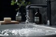 © Anastasiia - Water flowing from a shiny faucet into a stainless steel sink with soap nearby. Concept Kitchen Scene, Running Water, Stainless Steel, Soap Dispenser, Fresh and Clean