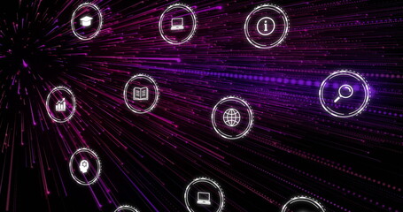 image of network of neon connections with icons on black background