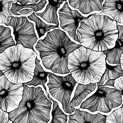 Canvas Print - A detailed black and white drawing featuring various types of flowers, including roses, daisies, and tulips, with intricate patterns and shading