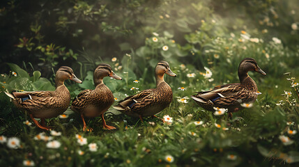 Wall Mural - This delightful image showcases a group of four ducks ambling through a lush green garden.