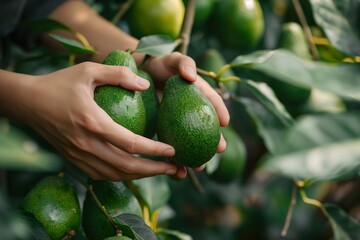 Close-up of hands holding two ripe avocados freshly picked from a tree.