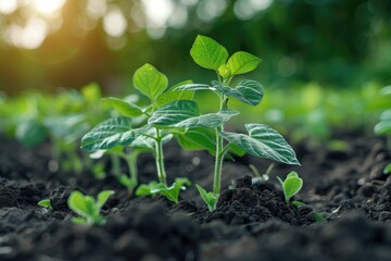 Close up green seedling growing on fertile soil with blurred nature background.