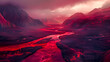 Apocalyptic red landscape with lava river