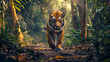 Majestic tiger stalking through jungle path