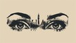 pair of eyes, with reflections of different historical landmarks and cultural symbols in each eye