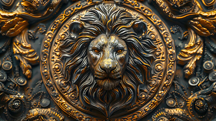 Wall Mural - This captivating image showcases a meticulously crafted metallic sculpture of a lion’s head.