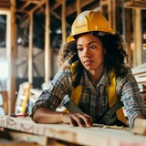 Fototapeta Paryż - Woman Designer Carpenter Working on a Construction Site