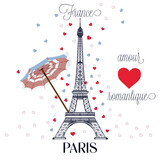 Fototapeta Dmuchawce - Fashion vector illustration with Eiffel tower, umbrella and hearts