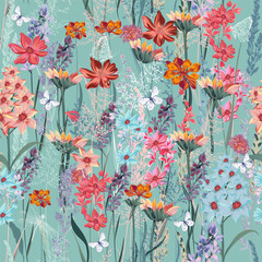 Poster - Blooming midsummer floral pattern with vector meadow flowers