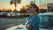 A nurse in scrubs standing beside her car in the hospital parking lot, taking a deep breath before starting her journey home