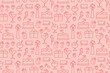 mother's day, love seamless pattern with present, flowers, cake, icecream, fruits, cocktail icons; use for greeting cards, gift wrap, digital invitations or social media graphics- vector illustration