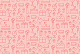 Fototapeta Nowy Jork - mother's day, love seamless pattern with present, flowers, cake, icecream, fruits, cocktail icons; use for greeting cards, gift wrap, digital invitations or social media graphics- vector illustration