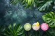 Tropical leaves with refreshing fruit cocktails, summer background with space for text