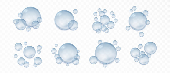 Wall Mural - Blue transparent water bubbles realistic collection with reflection set Isolated. Vector soap water bubbles