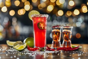 Wall Mural - A longshot of a red margarita in a tall glass with salt on the rim, and shot glasses filled with tequila and lime slices, chilis Generative AI