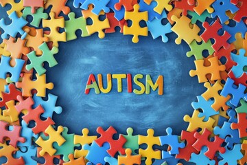 Wall Mural - Colorful puzzle pieces frame and word Autism on wooden background. World autism awareness day concept. Top view