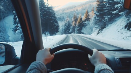 a person driving a car on a snowy road in the wintertime
