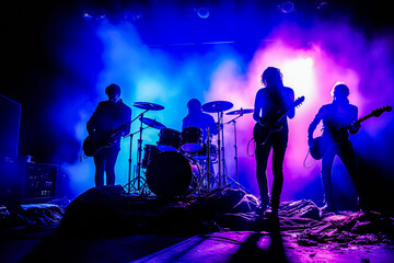 Wall Mural - A band of four musicians playing on stage with a purple