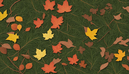 Wall Mural - collection of fallen leaves and pine needles 