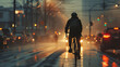 A cyclist riding on a wet street at sunset.