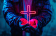 Man on street holding Christian cross made of neon lights, street in neon signs modernity of religion