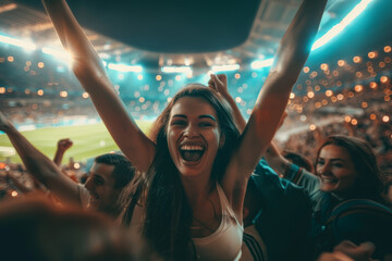 Wall Mural - A woman is smiling and holding her arms up in the air at a stadium