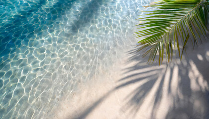 Wall Mural - A palm tree is laying on the sand next to the ocean. The water is calm and the palm tree casts a shadow on the sand, top view, tropical vacation concept background