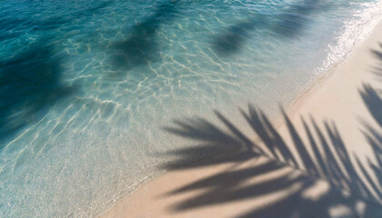 Wall Mural - a palm tree is laying on the sand next to the ocean. the water is calm and the palm tree casts a sha