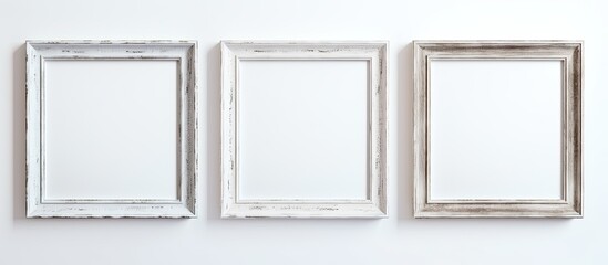 Wall Mural - Three rectangular white picture frames made of composite material are symmetrically hung on a white wall. The frames have tints and shades, glass for transparency, and metal fixtures